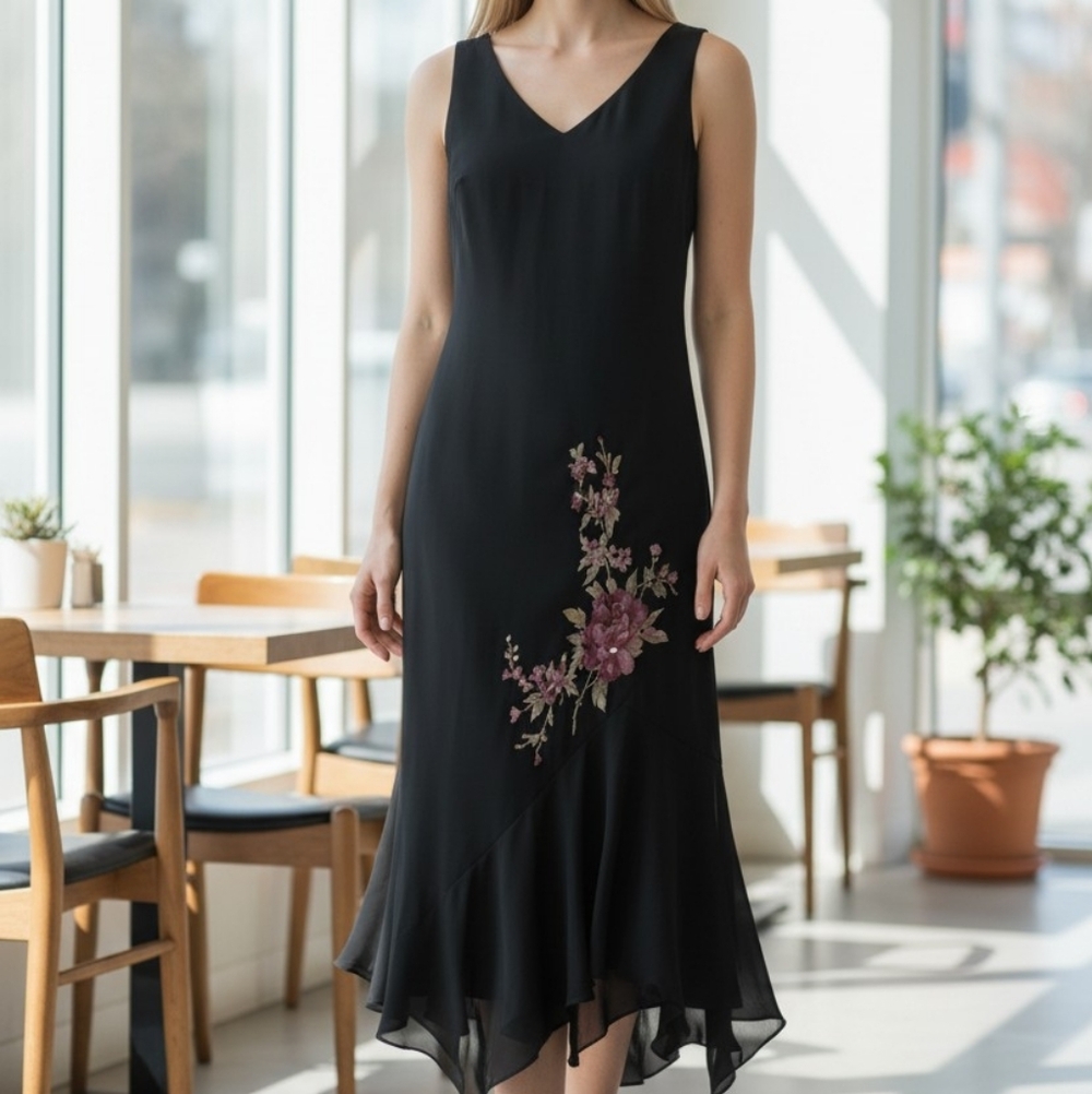 Plus Size Silk Whimsigoth Asymetric Hem Flower Embroidered Maxi Dress 16 W
